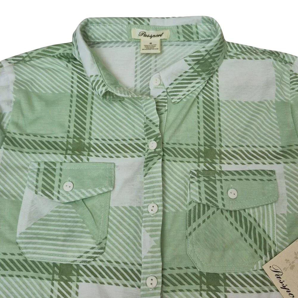 NWT Passport Womens Green Plaid Button Up Shirt Size M Front Tie Roll Tab Sleeve - Picture 2 of 10
